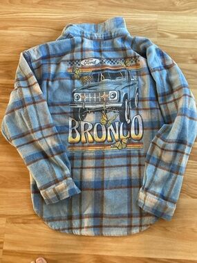 Ford Bronco Plaid Graphic Shacket XL |Blue/Brown Flannel Western Boho Oversized